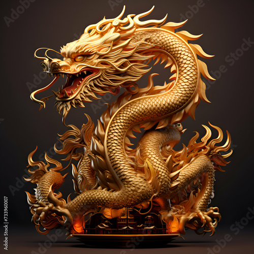 Golden Chinese dragon on a black background. 3d render illustration.