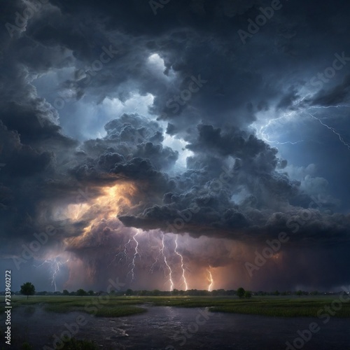 Heavenly miracle! Landscape with stormy sky, large clouds and lightning