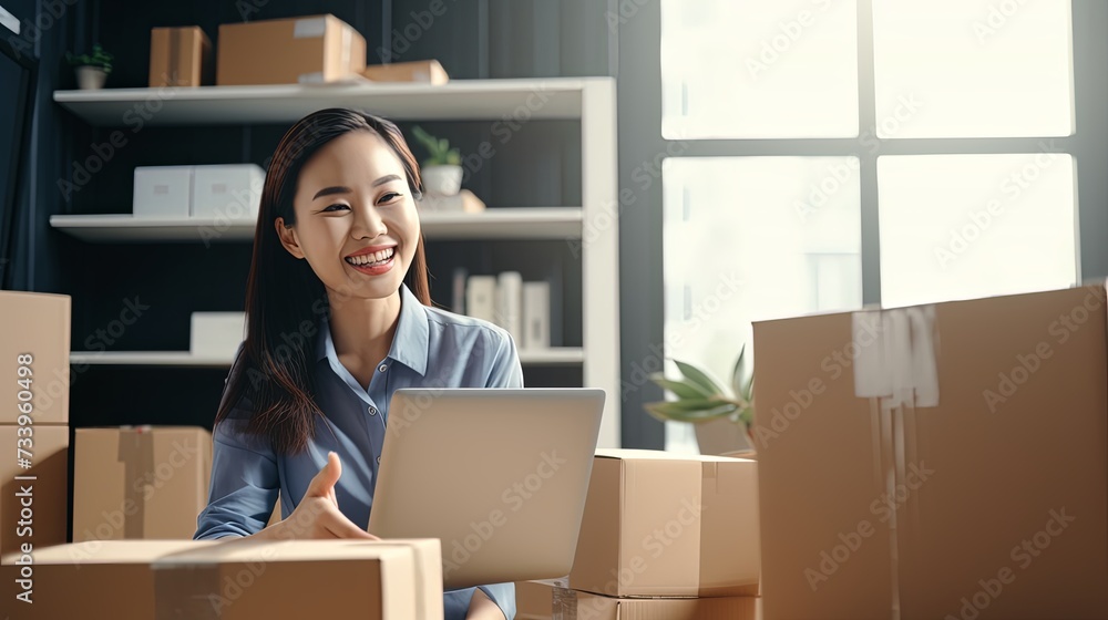 Startup small business entrepreneur SME, asian woman receive order on phone. Portrait young Asian small business owner home office, online sell marketing delivery SME e-commerce telemarketing Startup small business entrepreneur SME, asian woman receive order on phone. Portrait young Asian small business owner home office, online sell marketing delivery SME e-commerce telemarketing