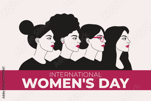 International Women s Day concept with group of diverse female characters stand together. 8 March. Woman empowerment, girl power and sisterhood concept. Black and white vector illustration