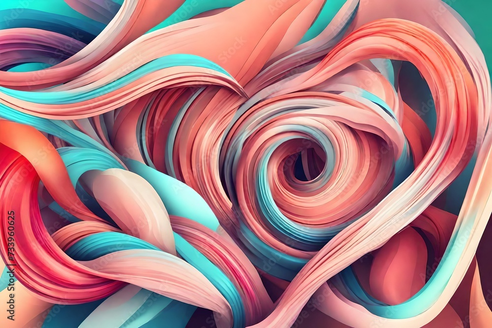 Abstract background. Colorful twisted shapes in motion. Digital art for poster, flyer, banner background or design element. Soft textures on pastel background