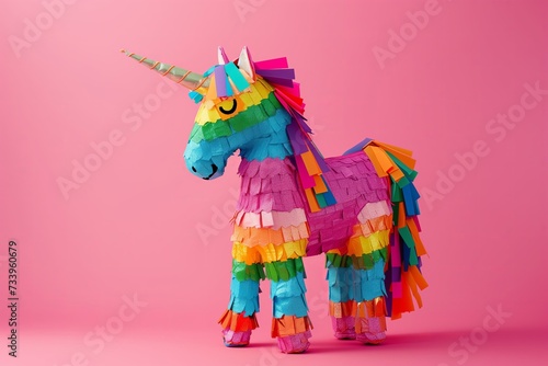 Traditional Mexican unicorn pinata on a vibrant pink background photo