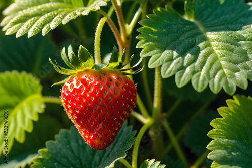 Close-up of a juicy strawberry, seeds glistening with dew, nestled among vibrant green leaves, overexposed background highlighting its vibrant red hue. Generative AI