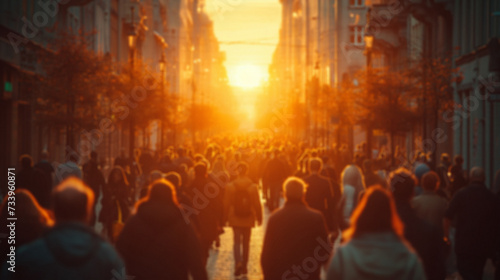 Busy street scene with crowds of people walking in the city at sunset. crowd of people in a shopping street  Busy street scene with crowds of people walking in the city.
