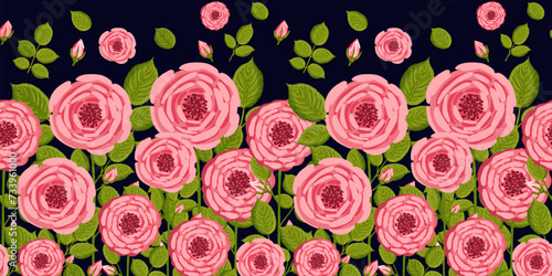 Seamless pattern with blooming roses. Vector floral illustration for postcard, poster, fabric, wrapping paper, decor etc. Flowers for spring and summer holidays. © Irina Anashkevich