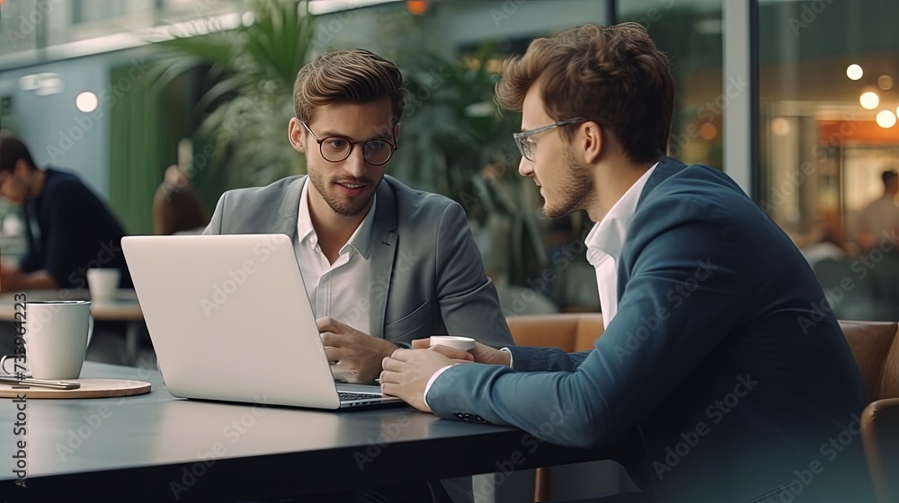 Young Manager Talking with Experienced Colleague while Using Laptop Computer in Office. Colleagues Discuss Business, Financial and Marketing Projects. Specialists Work in Diverse Team. Young Manager Talking with Experienced Colleague while Using Laptop Computer in Office. Colleagues Discuss Business, Financial and Marketing Projects. Specialists Work in Diverse Team.