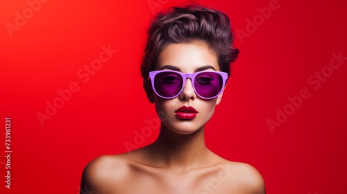 Young model making strange faces on red background, wearing purple sunglasses. isolated