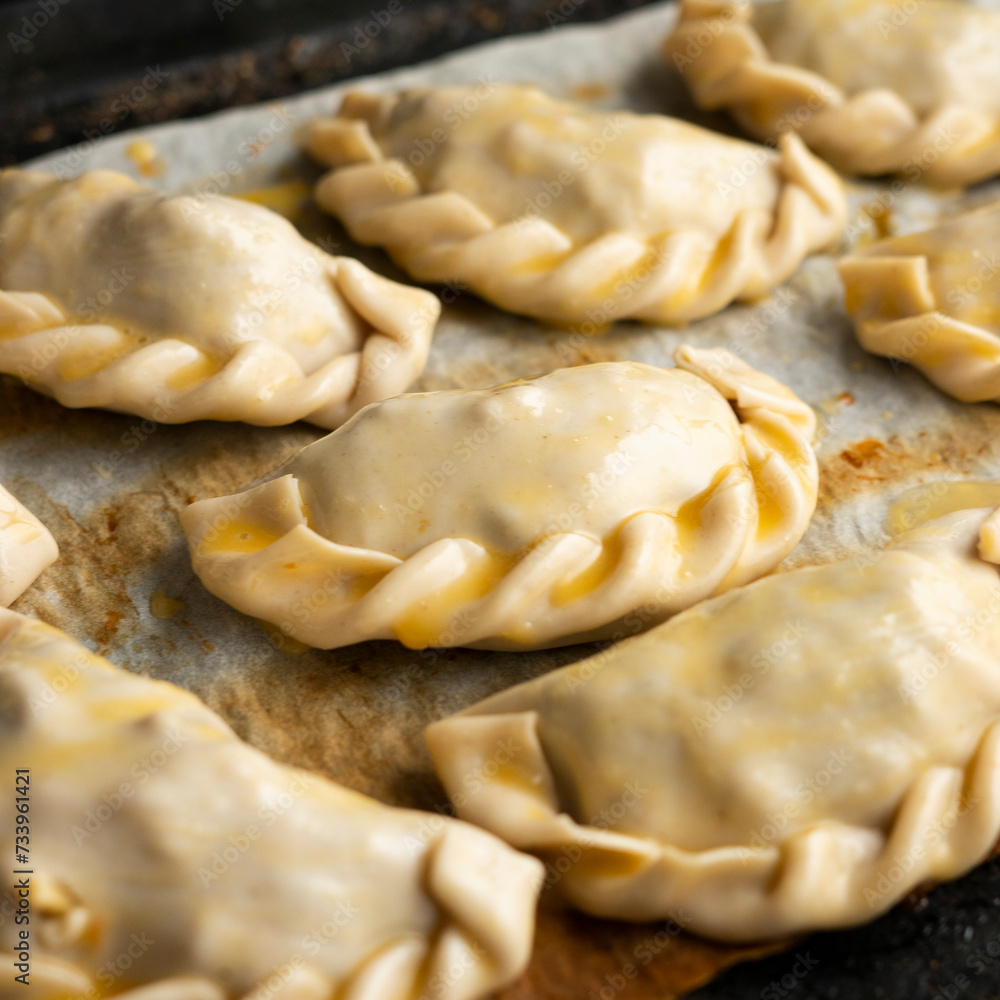 Baking delicious Argentine empanadas with chicken and vegetables. Baking delicious Argentine empanadas with chicken and vegetables.