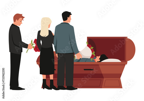 Mourning people with flowers standing around coffin with dead person, Funeral ceremony, burial service vector isolated