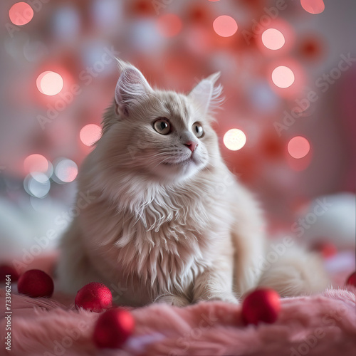 Cute kitten with pink elements and bokeh background