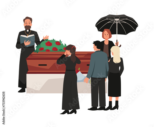 Funeral ceremony, burial service, vector mourning people standing around closed coffin, Priest holding funeral speech