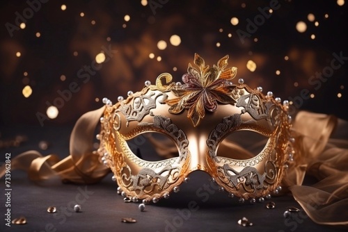  Golden venetian ball mask over dark background with copyspace. Masquerade party or holiday event celebration concept