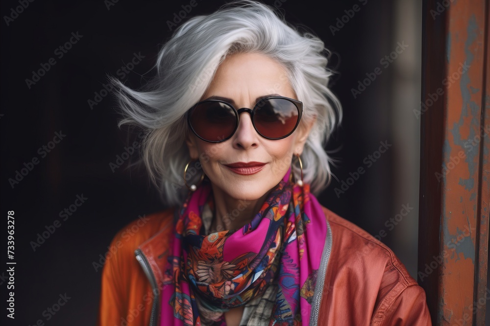 Portrait of a beautiful middle-aged woman with short gray hair wearing sunglasses and a colorful scarf. Portrait of a beautiful middle-aged woman with short gray hair wearing sunglasses and a colorful scarf.