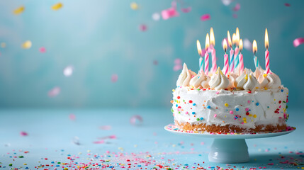White birthday cake with candles over blue background, copy space for text