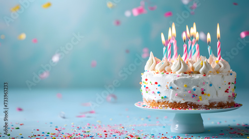 White birthday cake with candles over blue background, copy space for text photo