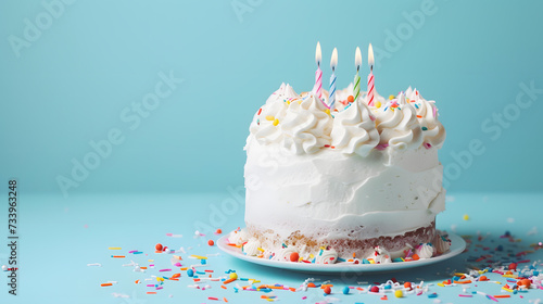 White birthday cake with candles over blue background, copy space for text