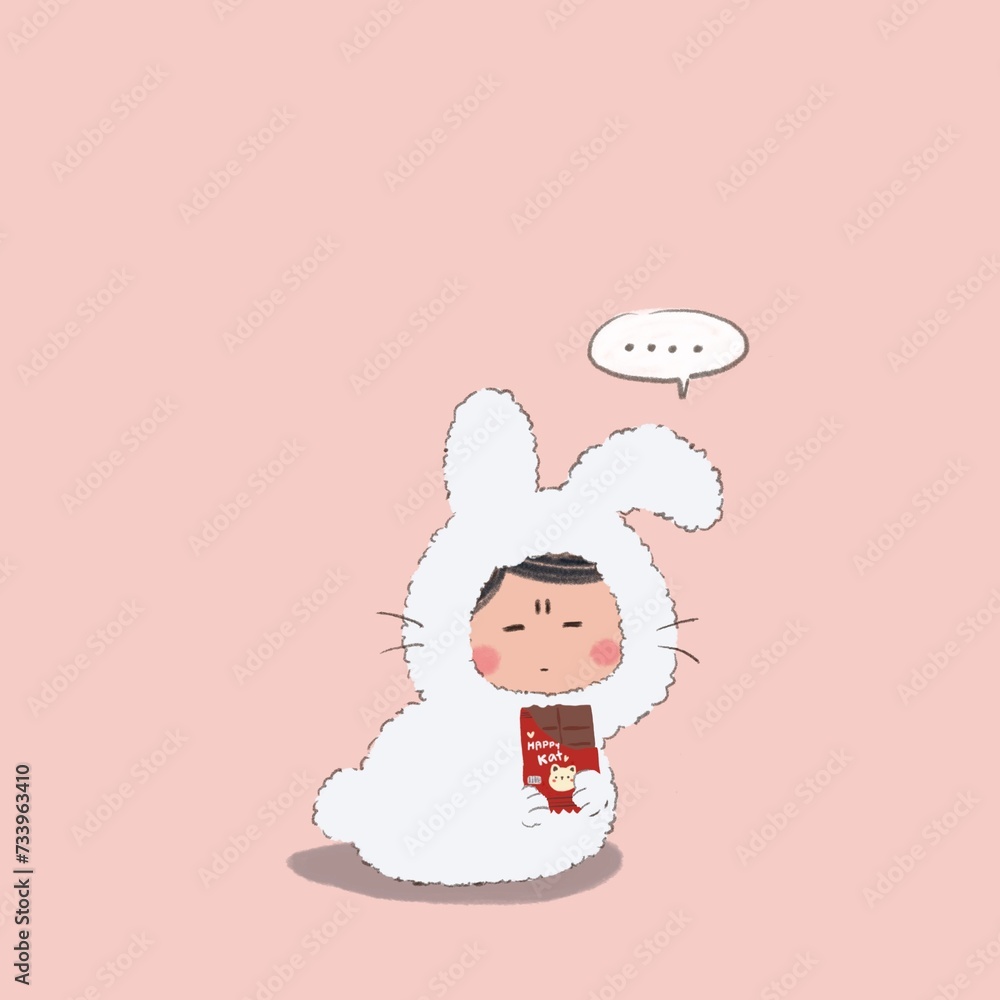 Kawaii child in rabbit mascot clothes holding chocolate bar Kawaii child in rabbit mascot clothes holding chocolate bar