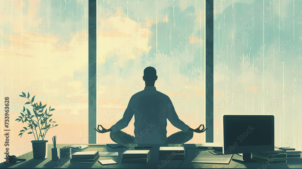 Relaxation at the work place , with man standing in lotus position on office desk