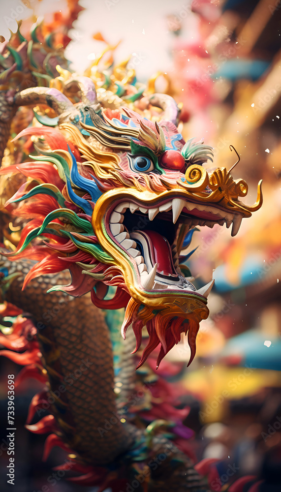 Colorful dragon statue in chinese traditional parade. closeup of photo