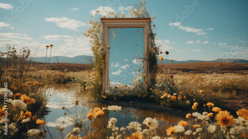 beautiful landscape with a mirror in daisy field