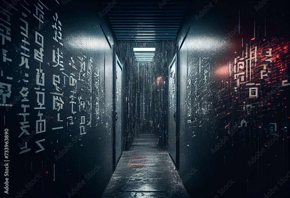 A 3d cyberspace corridor with walls made of random symbols falling down (chinese characters, code rain, a popular sci-fi movie effect). Generative AI - obrazy, fototapety, plakaty 