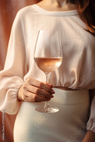 Elegant female hand holding wineglass. Generative AI.