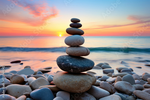 Balance pebble stones stacked on the sand beach at sunset. Generative AI.