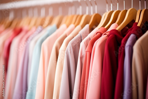 Various women's clothes on hangers, clothing store or wardrobe. Generative AI.