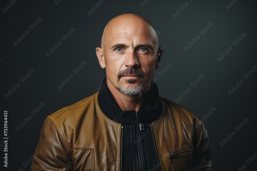 Portrait of an old man in a leather jacket on a dark background.