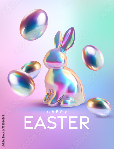 Easter poster and banner template with Rabbit and Easter eggs in colorful gradient metallic holographic style. Greetings and presents for Easter Day .Promotion and shopping template for Easter