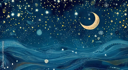 Stylized image of the night sky with the moon and stars. The concept of sleep and relaxation. photo