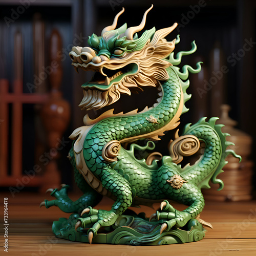 Green chinese dragon statue on wooden table in front of bookshelf