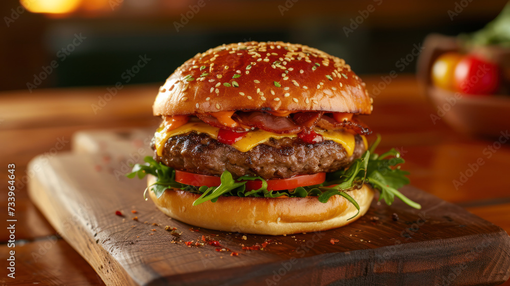 Yummy cheeseburger with tomatoes, lettuce, cheese and bacon on a wooden board with spices on dark background. Mouthwatering burger. American cuisine recipe, restaurant menu. Close up Yummy cheeseburger with tomatoes, lettuce, cheese and bacon on a wooden board with spices on dark background. Mouthwatering burger. American cuisine recipe, restaurant menu. Close up