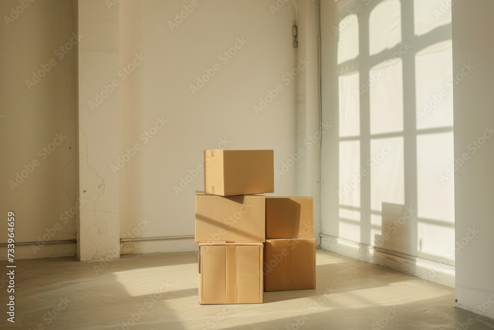 Moving in. Stack of cardboard boxes in the empty room with copy space Moving in. Stack of cardboard boxes in the empty room with copy space