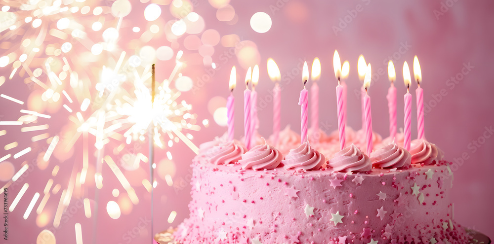 Birthday cake with many pink birthday candles and sparklers against a ...