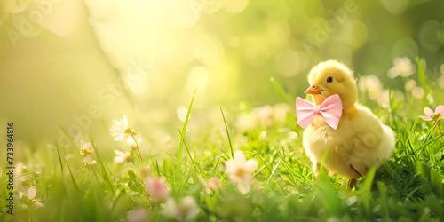 Young chick with a pink bow on a spring meadow. Nature and new life concept. photo