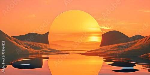 Sunset over calm water and sandy dunes. Landscape and nature concept. photo