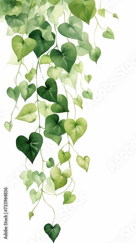 A beautiful watercolor boho vector art illustration wall art print pretty elegant hanging ivy garland vines, sparse leaves, romantic, dreamy, cute, lush green colors, healthy greenery, white flowers.