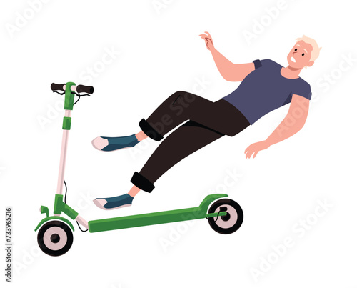 Man without helmet falls from scooter, flat vector illustration isolated.