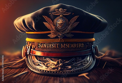 Marine skipper cap or captain hat. Nautical wanderlust and adventure illustration. Ocean explorer sailor logo. Generative AI photo