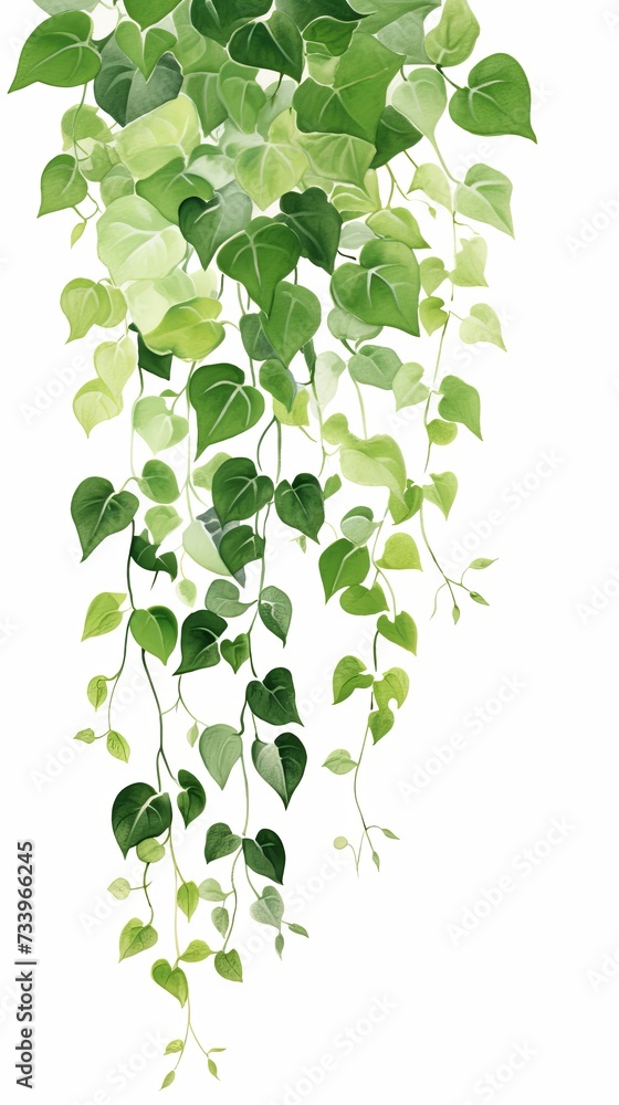 Obraz premium A beautiful watercolor boho vector art illustration wall art print pretty elegant hanging ivy garland vines, sparse leaves, romantic, dreamy, cute, lush green colors, healthy greenery, white flowers.