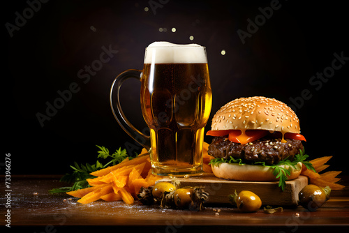 Hamburger with glass of beer and carrot on a dark background