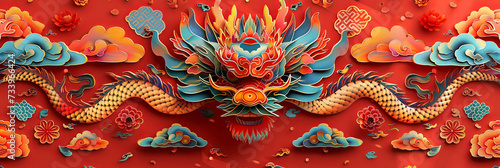 Chinese style dragon colorful illustration. Year of the dragon. Wide format image.  © Melvillian