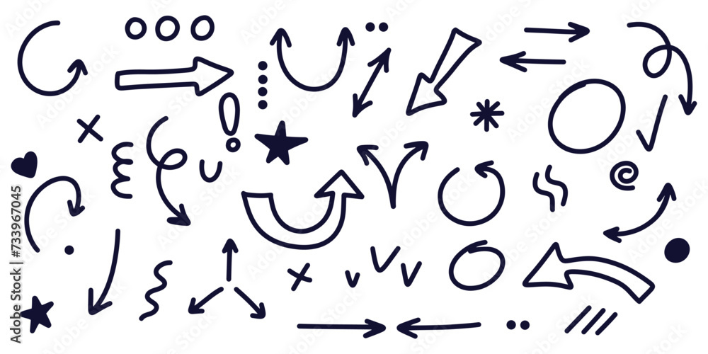 Set of arrows and graphics drawn by hand with pen or marker in different versions in the doodle style. Doodle-style hand-drawn infographics. Black graphic design elements on a white background Set of arrows and graphics drawn by hand with pen or marker in different versions in the doodle style. Doodle-style hand-drawn infographics. Black graphic design elements on a white background