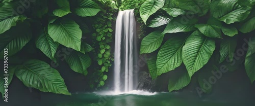 Waterfall hidden in green tropical rain forest jungle. Green leaves background. Panorama with copy space photo