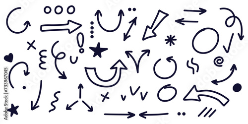 Set of arrows and graphics drawn by hand with pen or marker in different versions in the doodle style. Doodle-style hand-drawn infographics. Black graphic design elements on a white background