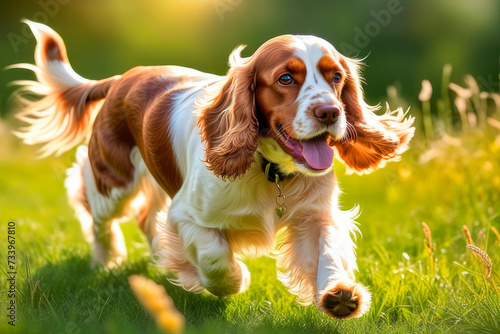 Happy English cocker spaniel dog running over a green meadow.