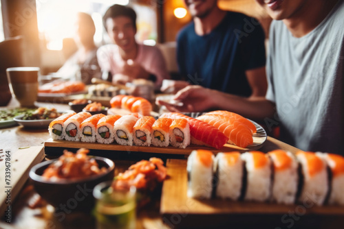 People enjoying sushi, oriental meal while dining out in the restaurant