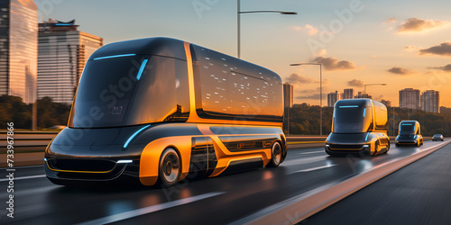 Futuristic autonomous buses in a line on the road with neon lighting along the body with sky background Ai Generative