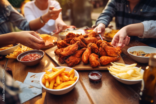 People enjoying a delicious meal, chicken wings and french fries while dining out photo